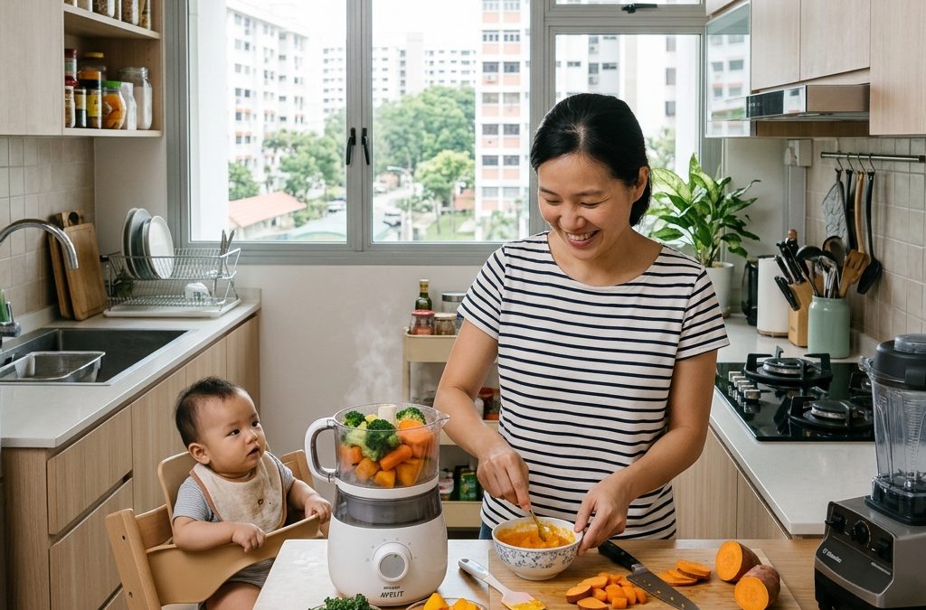 Healthy wholesome infant food preparation in modern kitchen